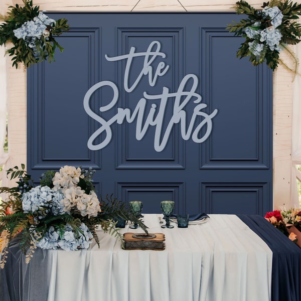 Decoración de boda azul polvoriento, boda azul polvoriento, signo de apellido, signo de boda azul, signo de apellido, signo de apellido de boda, signo de fondo