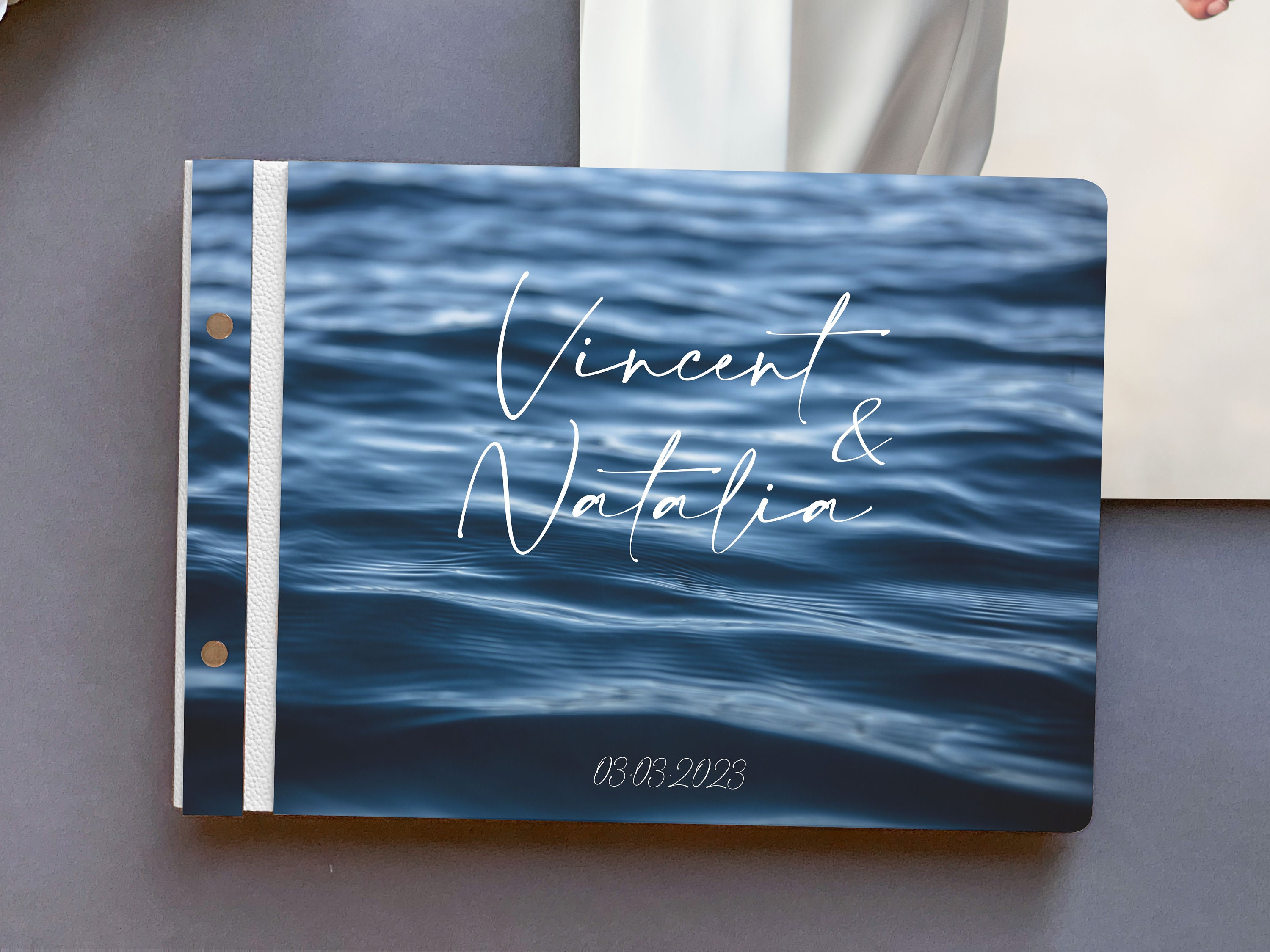 Navy blue couple adventure book, custom engraved wedding guest book, p –  SignYouStyle