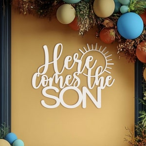 Ecco il cartello del figlio per il baby shower con sfondo a forma di sole, grande cartellone in legno come accessorio fotografico e centrotavola per ricevimento di festa
