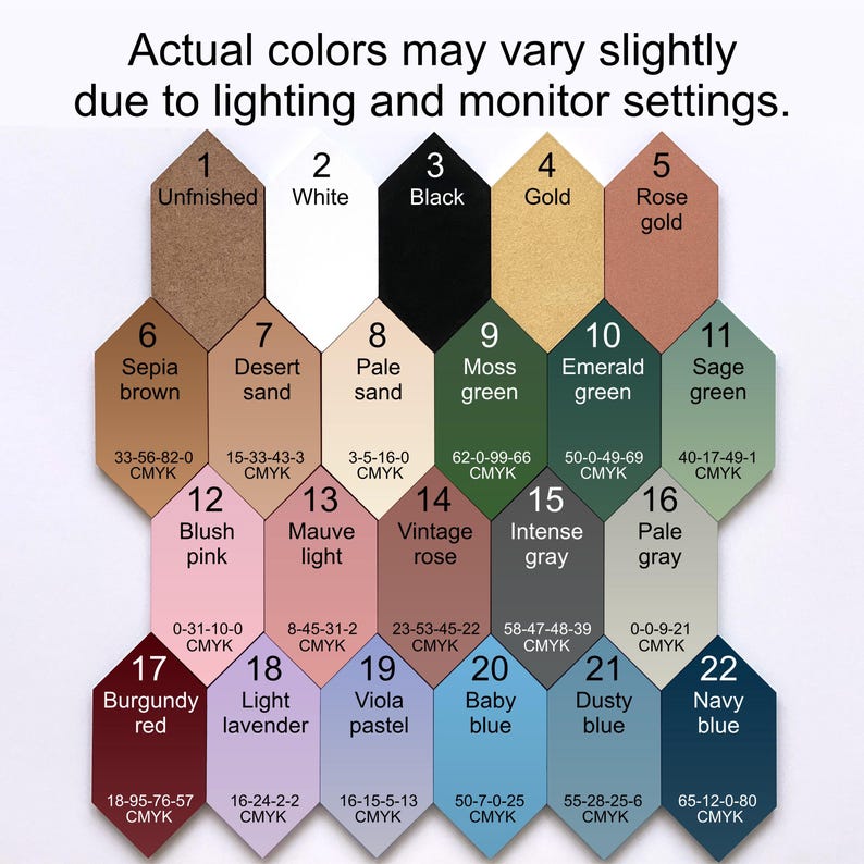 May include: Hexagon-shaped color chart showcasing 22 paint colors.  Colors include unfinished, white, black, gold, rose gold, sepia brown, desert sand, pale sand, moss green, emerald green, sage green, blush pink, mauve light, vintage rose, intense gray, pale gray, burgundy red, light lavender, viola pastel, baby blue, dusty blue, and navy blue. CMYK values are listed for each color.