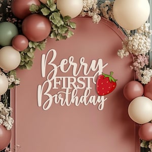 Letrero de primer cumpleaños con fresa roja para decoración de pared de fondo de fiesta de primer cumpleaños, pancarta de fotomatón de madera para temática de dulces.