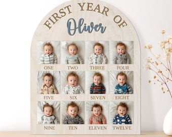 Monatliche Meilenstein Fototafel, Baby Erinnerungsanzeige für das erste Jahr, Wachstumscollage zum 1. Geburtstag, Mein erstes Jahr Zeichen, 12-monatiger Holzbogenrahmen