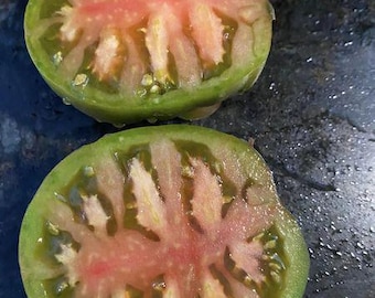 May include: Two halves of a green tomato, cut in half, showing the inside of the tomato. The inside of the tomato is a light pink color with green veins.