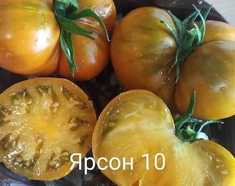 May include: Four yellow tomatoes, two whole and two halved, with green stems. The halved tomatoes show the inside of the fruit, which is a bright yellow color. The text "Ярсон 10" is visible in the image.