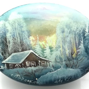 Russian Lacquer Winter Box Fedoskino with Mother of Pearl Inlay hand painted