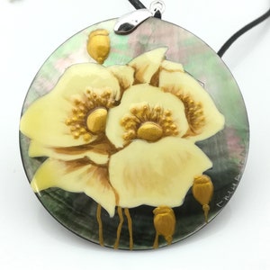 Mother of pearl shell 3D hand painted yellow poppies pendant necklace, natural shell jewellery