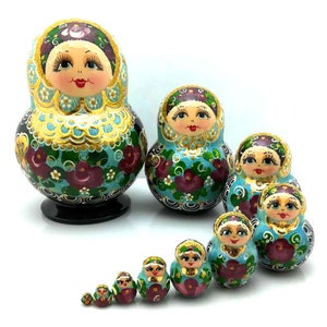 Russian nesting doll &quot;Rosy&quot; 10 pcs H.16 cm, handmade Matryoshka, Russian wooden doll