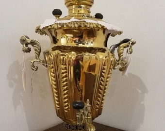 アンティークで希少なロシア製真鍮製丸型木炭サモワール、メダリオン4