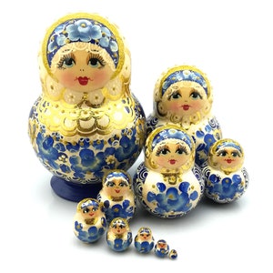 Russian nesting doll &quot;Goldie&quot; 10 pcs H.16 cm, handmade Matryoshka, Russian wooden doll