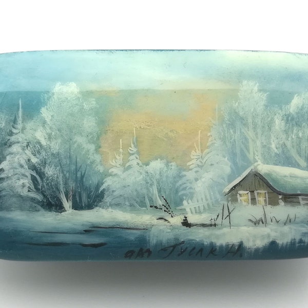 Russian Lacquer Winter Box Fedoskino with Mother of Pearl Inlay hand painted