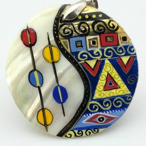 Mother of pearl shell 3D hand painted pendant necklace, natural shell jewellery, abstract art necklace, Gifts for Her