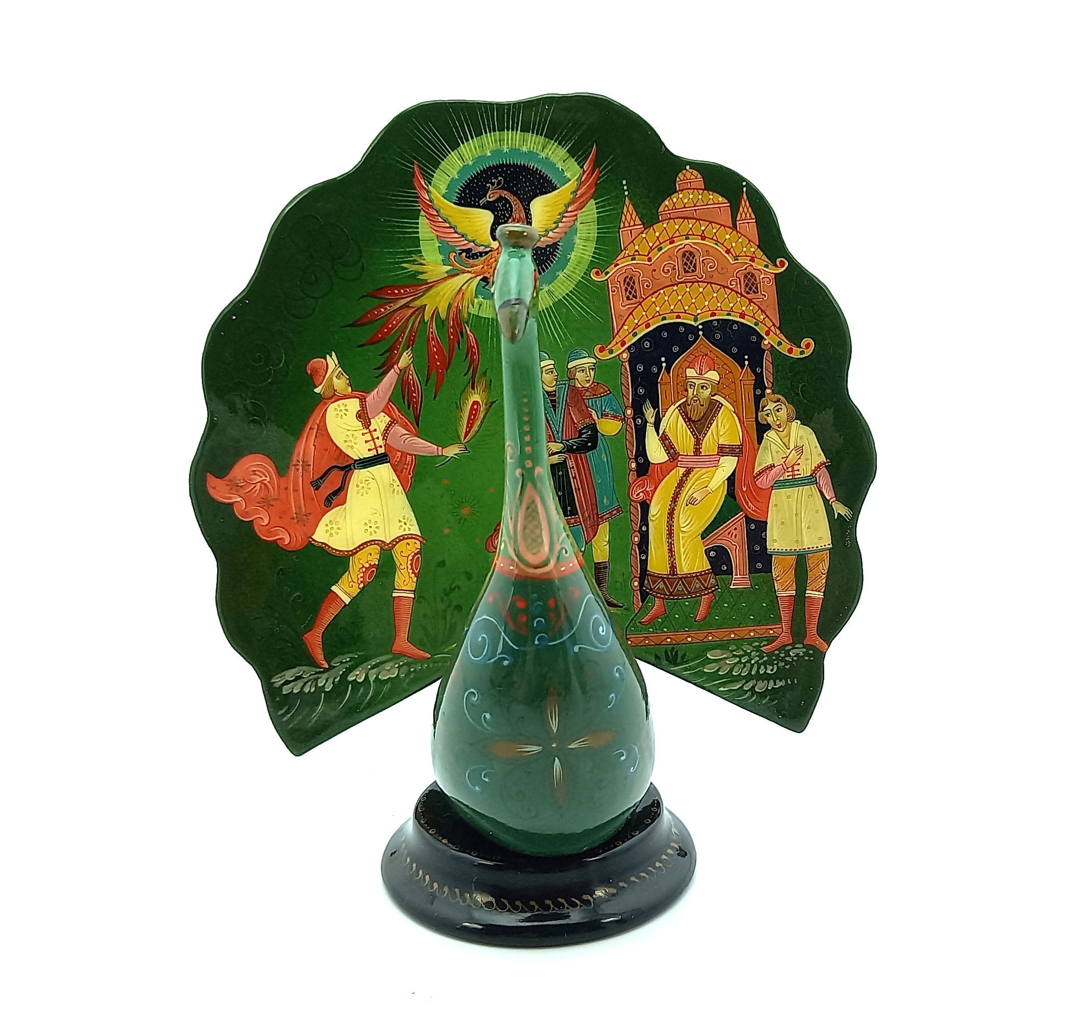 ロシアのヴィンテージ漆塗り箱 孔雀鳥 ムステラ、指輪収納箱 漆塗り