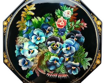 Large Russian Lacquer Box Kholoui Pansy Flowers Chest, Russian lacquer miniature