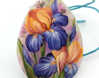 Mother of pearl shell 3D hand painted pendant necklace, natural shell jewellery, Iris flowers