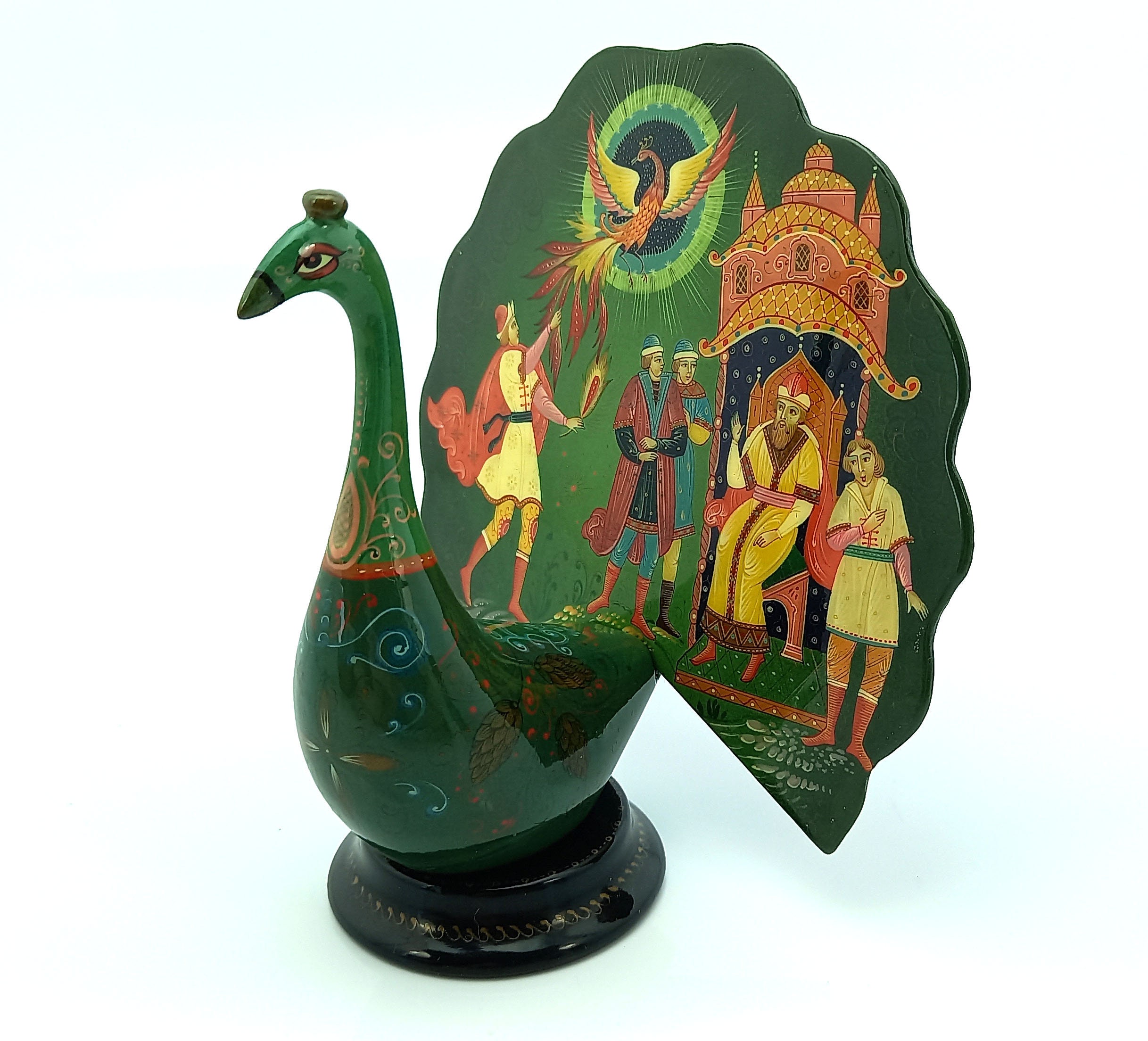 ロシアのヴィンテージ漆塗り箱 孔雀鳥 ムステラ、指輪収納箱 漆塗り