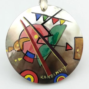 Mother of pearl shell 3D hand painted pendant necklace, natural shell jewellery, Kandinsky, abstract art necklace, Gifts for Her