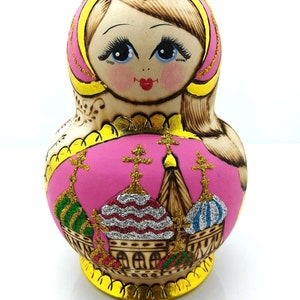 Russian nesting doll &quot;Pinky&quot; 10 pcs H.16 cm, handmade Matryoshka, Russian wooden doll