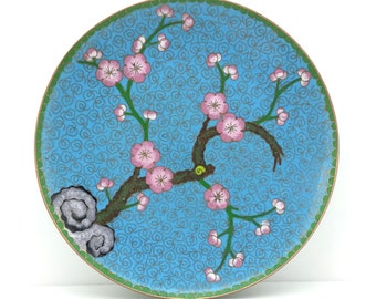 Chinese Plate Rare Collectible from 50s Blue Cloisonne Floral Motif 6.5'