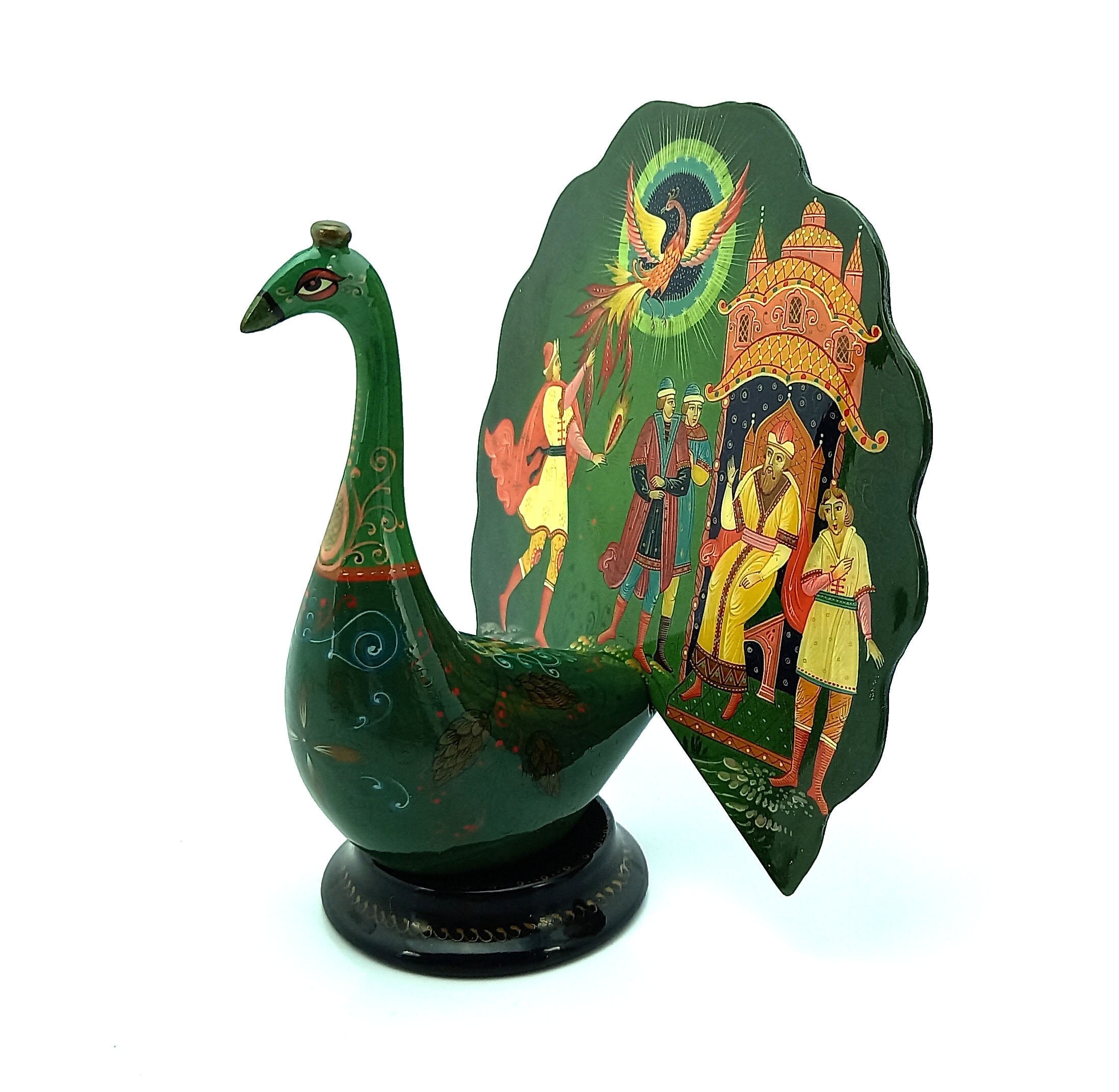 ロシアのヴィンテージ漆塗り箱 孔雀鳥 ムステラ、指輪収納箱 漆塗り