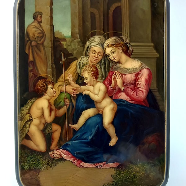 Russian Lacquer Box Fedoskino, Workshop of Raffaello Sanzio (Raphael) The Madonna of Divine Love