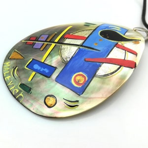 Mother of pearl shell 3D hand painted pendant necklace, natural shell jewellery, Malevich abstract art pendant