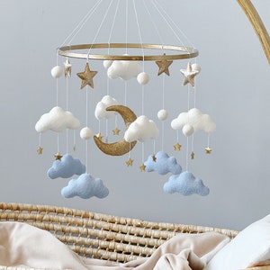 Cloud Baby Mobile Baby Boy Mobile White Blue Gold Mobile for Nursery Gender Neutral Nursery Mobile Moon Baby Crib Mobile image 1