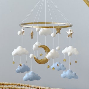 Cloud Baby Mobile Baby Boy Mobile White Blue Gold Mobile for Nursery Gender Neutral Nursery Mobile Moon Baby Crib Mobile image 2