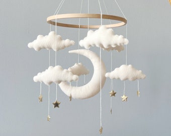 Cloud Baby Mobile - Baby Girl and Boy Mobile - Rain Cloud Baby Crib Mobile - White Gold Mobile for Nursery - Gender Neutral Nursery Mobile