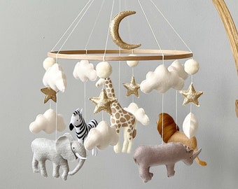 Baby mobile neutral animals Africa nursery mobile felt Africa safari giraffe, lion, zebra, and elephant. Crib mobile moon and clouds mobile.