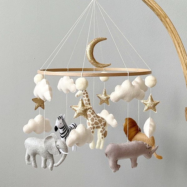 Baby mobile neutral animals Africa nursery mobile felt Africa safari giraffe, lion, zebra, and elephant. Crib mobile moon and clouds mobile.