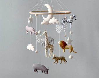 Baby mobile neutral animals Africa nursery mobile felt Africa safari giraffe, lion, zebra, and elephant. Crib mobile moon and clouds mobile.