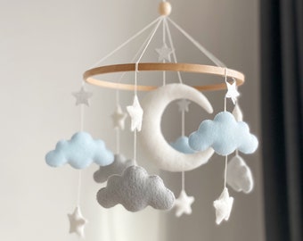 Neutral baby mobile, Starry Night Baby Mobile, Baby Crib Mobile, Moon and Stars Mobile, Blue Star Felt Mobile ,Gender Neutral Colors