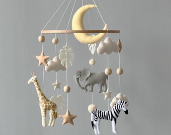 Baby mobile neutral animals Africa nursery mobile felt Africa safari giraffe, lion, zebra, and elephant. Crib mobile moon and clouds mobile.