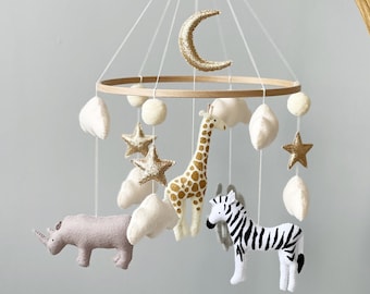 Baby mobile neutral animals Africa nursery mobile felt Africa safari giraffe, zebra and elephant. Crib mobile moon and clouds mobile.