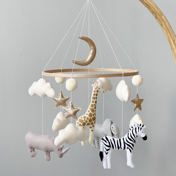 Baby mobile neutral animals Africa nursery mobile felt Africa safari giraffe, zebra,hippo and elephant. Crib mobile moon and clouds mobile.