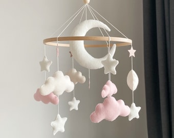 Baby mobile girl, Neutral baby mobile, Starry Night Baby Mobile, Baby Crib Mobile, Moon and Stars Mobile, Pink Star Felt Mobile