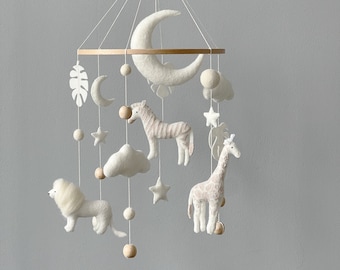 White baby mobile neutral animals Africa nursery mobile felt Africa safari giraffe, zebra and lion . Crib mobile moon and clouds mobile.