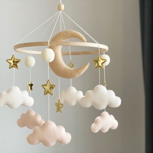 Neutral baby mobile, Starry Night Baby Mobile, Baby Crib Mobile, Moon and Stars Mobile, Gold Star Felt Mobile ,Gender Neutral Colors,