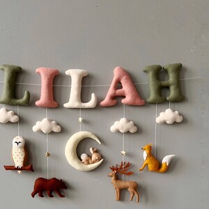 Banner con nome personalizzato, animali del bosco, decorazione per la cameretta dei bambini - cartello personalizzato con nome per bambini - ghirlanda con nome in feltro a tema bosco - banner decorativo da parete