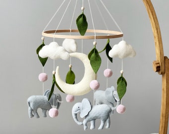 Elephant Baby Mobile -  Baby Girl Mobile - Moon Baby Crib Mobile - Grey Pink Mobile for Nursery - Neutral Nursery Mobile - Baby Shower Gift