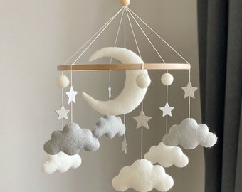 Mobile bébé lune neutre mobile mobile nuage mobile bébé blanc et argent mobile bébé mobile garçon bébé chambre de bébé