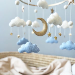 Cloud Baby Mobile Baby Boy Mobile White Blue Gold Mobile for Nursery Gender Neutral Nursery Mobile Moon Baby Crib Mobile image 6