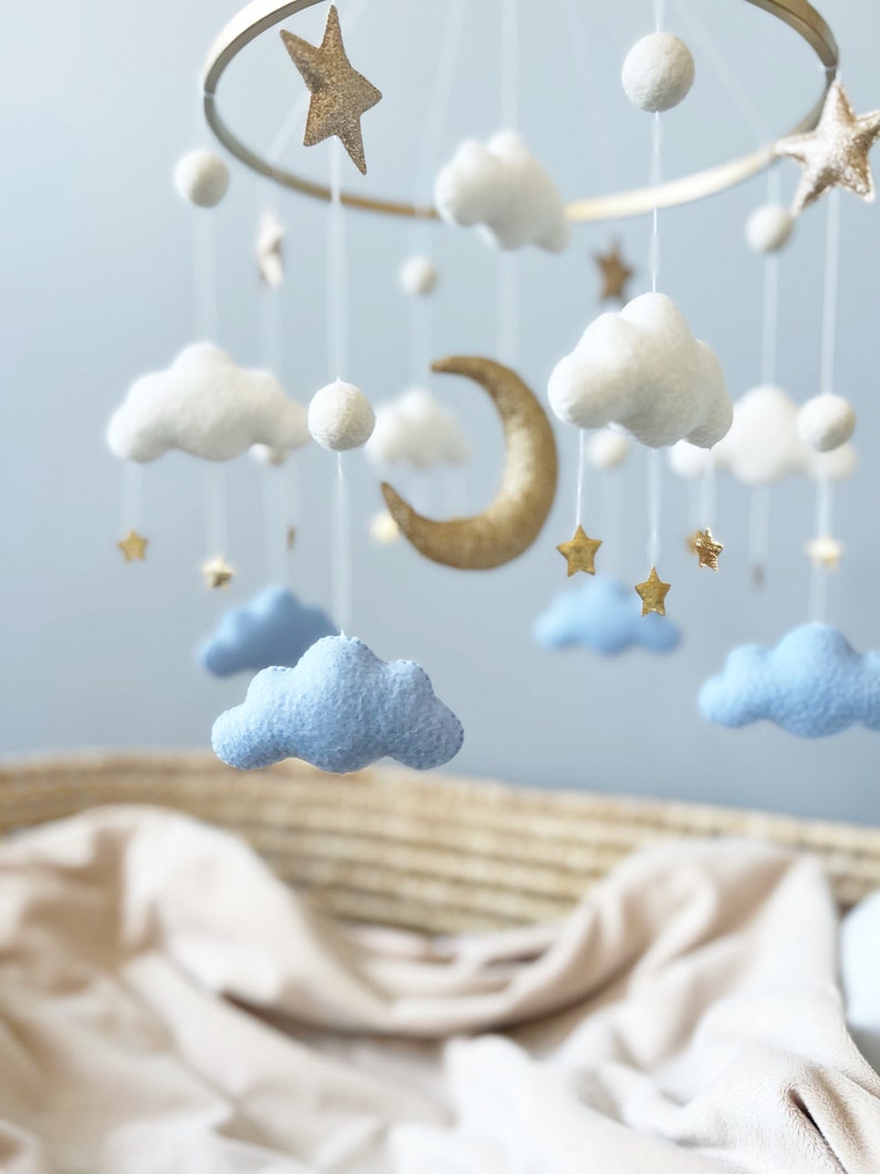 Cloud Baby Mobile Baby Boy Mobile White Blue Gold Mobile for Nursery Gender Neutral Nursery Mobile Moon Baby Crib Mobile image 6