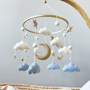 Cloud Baby Mobile Baby Boy Mobile White Blue Gold Mobile for Nursery Gender Neutral Nursery Mobile Moon Baby Crib Mobile image 4