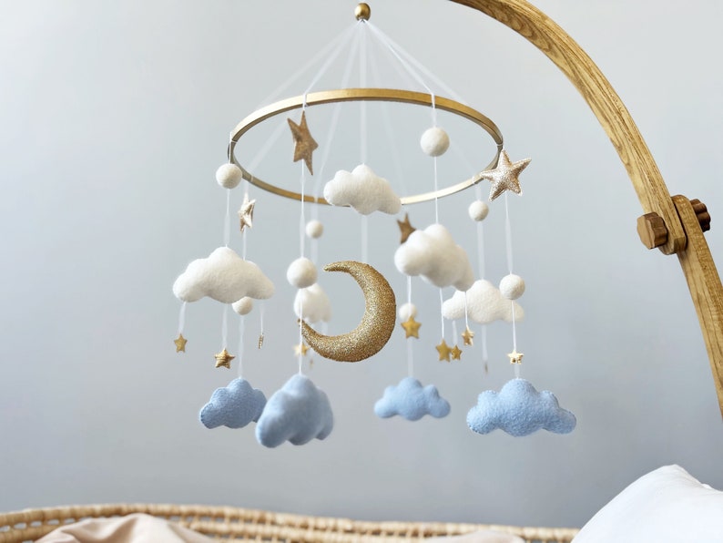 Cloud Baby Mobile Baby Boy Mobile White Blue Gold Mobile for Nursery Gender Neutral Nursery Mobile Moon Baby Crib Mobile image 4