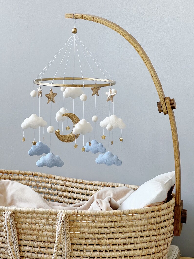 Cloud Baby Mobile Baby Boy Mobile White Blue Gold Mobile for Nursery Gender Neutral Nursery Mobile Moon Baby Crib Mobile image 1