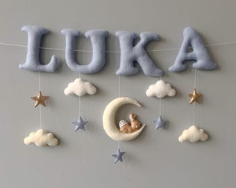 Personalized Felt Name Banner: Moon and Stars Nursery Decor