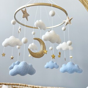 Cloud Baby Mobile Baby Boy Mobile White Blue Gold Mobile for Nursery Gender Neutral Nursery Mobile Moon Baby Crib Mobile image 3