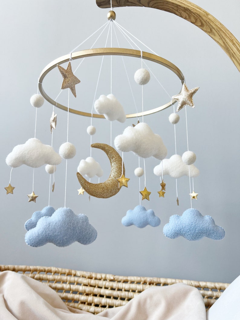 Cloud Baby Mobile Baby Boy Mobile White Blue Gold Mobile for Nursery Gender Neutral Nursery Mobile Moon Baby Crib Mobile image 3