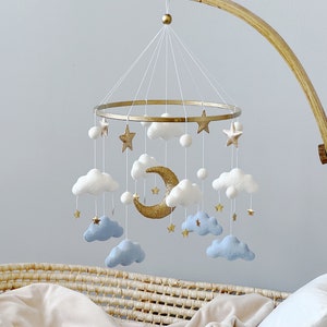 Cloud Baby Mobile Baby Boy Mobile White Blue Gold Mobile for Nursery Gender Neutral Nursery Mobile Moon Baby Crib Mobile image 7